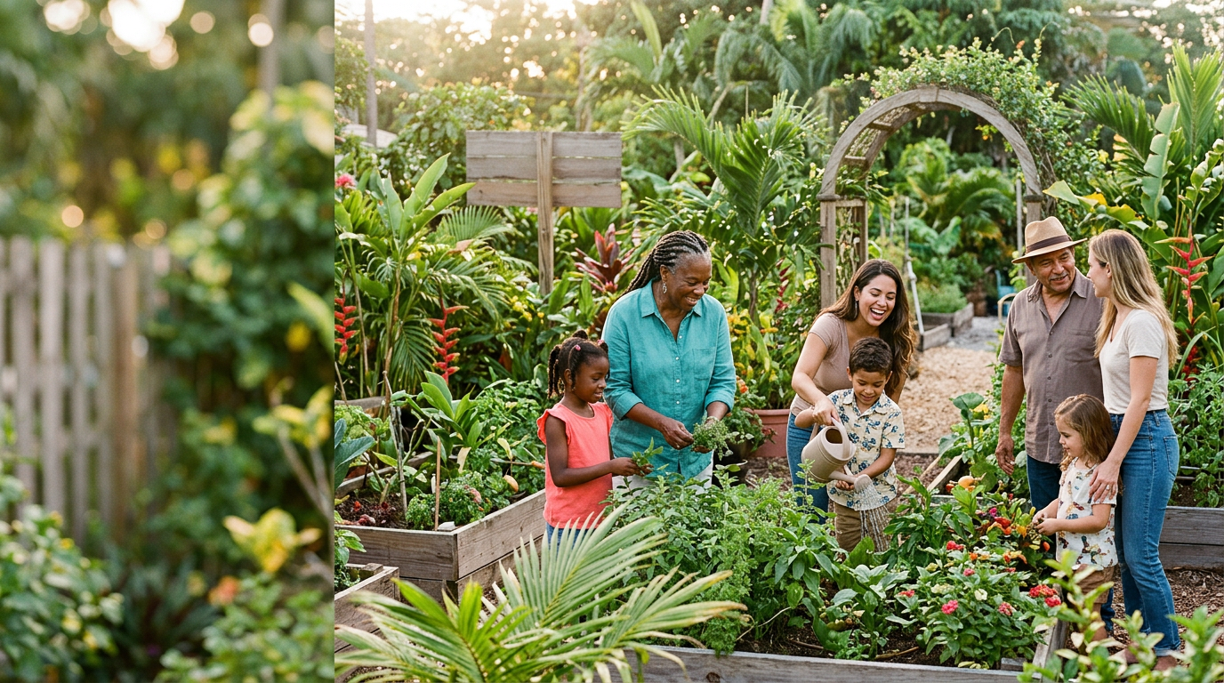 Neighbors and children gathering together in a Miami community garden